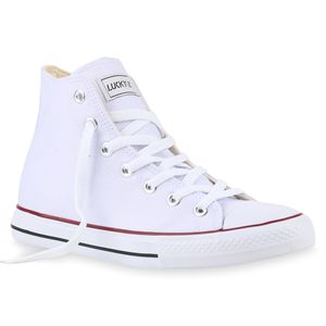 Mytrendshoe Herren High Top Sneakers Sportschuhe Stoffschuhe Freizeit Schuhe 817346, Farbe: Weiß Rotstreifen Lucky, Größe: 41
