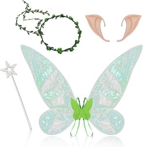 Feenflügel Erwachsene Kinder 4 Set, Feen Flügel Damen Schmetterlingsflügel, Feen Kostüm Erwachsene Kinder, Halloween Kostüm,Partybevorzugung(Grün)