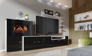 Skraut Home - Wohnmöbel mit elektrischem Kamin mit 5 Flammenstufen, Oberfläche weiß Mate und schwarz lackiert, Maße: 290 x 170 x 45 cm tief
