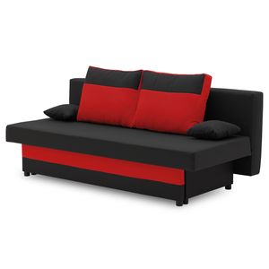 Couch SONY 190x90 mit Schlaffunktion - Farben zur Auswahl - kleines Sofa. Schlafsofa mit Bettkästen und dekorative Kissen - STOFF HAITI 17 + HAITI 18 - Schwarz&Rot