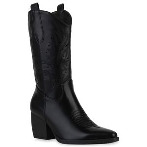 VAN HILL Damen Cowboystiefel Stiefel Spitze Cut-Outs Stickereien Schuhe 840144, Farbe: Schwarz, Größe: 37