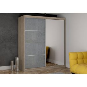 Schwebetürenschrank Kleiderschrank Schrank Garderobe Spiegel Beton (Sonoma/Beton) + Spiegel