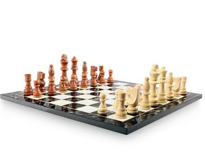 Klappbares Black Marmor Optik Schach Spiel mit Massiv Holz Schachfiguren