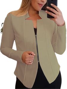 Damen Blazer Langarm Casual Business Jacken Strickjacke Bluses Leicht Outdoor Mantel Khaki - Reißverschluss,Größe M