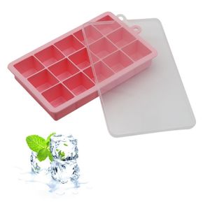 XXL Silikonová forma na led s víkem | Zásobník na kostky ledu s 15 přihrádkami na koktejlový led a dlouhé nápoje | Výrobník kostek ledu Square Giant Cubes [3,3 x 3,3 x 3,3 cm] Ice Cubes | Ovocné kostky ledu růžové