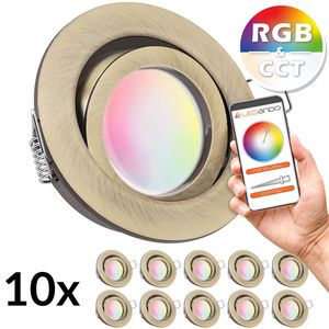 10er  RGB - CCT LED Einbaustrahler Set extra flach in gold / messing mit 5W Leuchtmittel von LEDANDO- 16 Mio. Farben + Warmweiß bis Kaltweiß  - rund