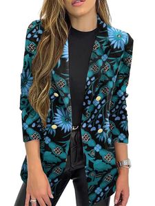 Damen Schal Hals Business Jackets Arbeit Roll Langarm Cardigan Jacke laessige Floral Print Blazer,Farbe:Himmelblau,Größe:L