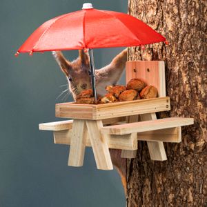 Eichhörnchen Futterstation PICKNICK mit Schirm - 21 x 18 cm - Futterhaus aus Holz zum Hängen