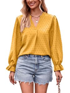 Damen Blusen Langarm T-Shirt Lose Tops Casual V-Neck Swiss Dot Tee Sommer Shirts Gelb,Größe L