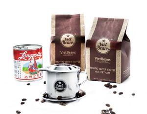 Vietnamesisches Kaffee-Starterset VietBeans gemahlen - 2 x 250g gemahlener Röstkaffee + Filter (Phin) + gez. Kondensmilch