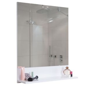 Nástenné zrkadlo s poličkou HWC-B19, kúpeľňové zrkadlo do kúpeľne, vysoký lesk 75x60cm ~ biela