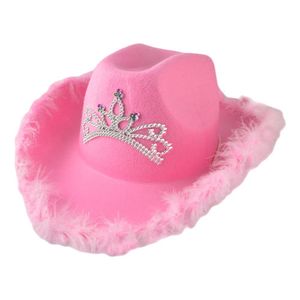 Western Style Pink Cowboyhut mit Tiara Cowgirl Hut Cowboy Caps Feiertagskostüm Partyhut Farbe Federrand