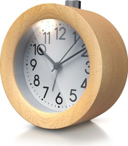 BEARWARE Analoger Wecker mit rundem Holzkorpus Holz Wecker mit beleuchtetem Ziffernblatt