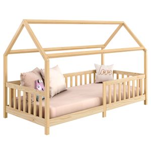 Hausbett NINA aus massiver Kiefer, schönes Montessori Bett in 90 x 200, minimalistisches Kinderbett mit Dach natur
