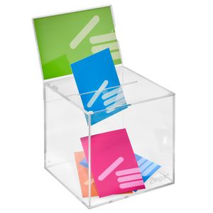 Losbox aus Acrylglas in 150x150x150mm mit Topschild DIN A6 Quer - Zeigis® / Spendenbox / Aktionsbox / Gewinnspielbox / transparent / durchsichtig / Acryl