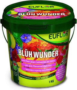 Euflor Blühwunder 1 kg Eimer - sorgt für reiche Blütenfülle und gesunde grüne Blätter - NPK-Dünger 15+10+15 mit 2% MgO + Eisen und Spurennährstoffen - Spezialdünger