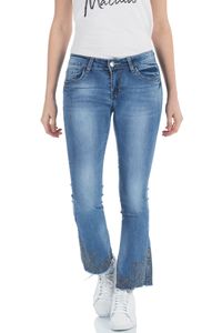 Damen Bootcut Jeans Schlaghose mit Tiefem Bund Weitem Bein und Stretch, Größe:40, Farbe:Blau