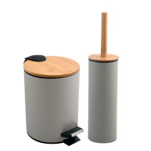 spirella Badezimmer Set, 2-teilige Abfalleimer Kosmetikeimer mit Absenkautomatik und WC Bürste “Adonis“ Bambus mit Silikon Bürste Taupe