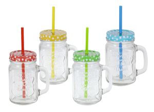Trinkglas mit Deckel und Strohhalm - 4er Set / je 480 ml - Wasserglas Saftglas Henkelglas Vintage Retro