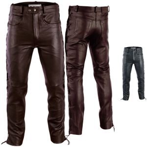 Herren Lederhose lederjeans bikerjeans jeans hose aus echtleder seitlich geschnürt, Größe:56/2XL, Farbe:Dunkelbraun
