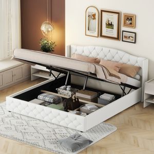Merax Polsterbett 180x200cm, Hydraulisches Doppelbett mit Stauraum und Leinenbezug, Weiß