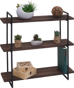 Wandregal MCW-K78, Hängeregal Schweberegal, 3 Regalböden Massiv-Holz Industrial 60x60x18cm  dunkelbraun, Metall schwarz