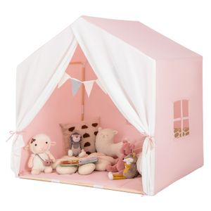 COSTWAY Dětský stan s oknem, rohoží a dřevěným rámem, dětský domeček na hraní se záclonou a barevnými vlajkami, stan na hraní pro princezny, růžový