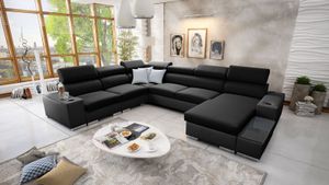 Wohnlandschaft in U-Form PERS VIII Ecksofa Rechts Eckcouch mit Schlaffunktion Schwarz Stoff SAWANA 14 + schwarzes Kunstleder