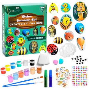 Steine zum Bemalen DIY Set mit 10+2 Steine | Bastelset Kinder ab 3 Geschenk Kindergeburtstag | Rock Paint Kit mit Aufkleber und Pinsel Kreativ Malen