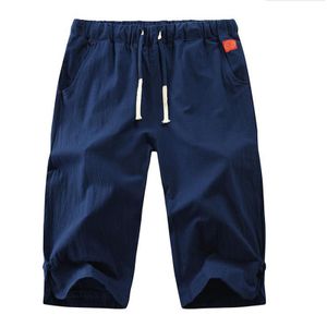 Herren Elastische Taille 3/4 Länge Shorts Lässige Leinen Lose Dreiviertelhosen,Farbe: Navy blau,Größe:L