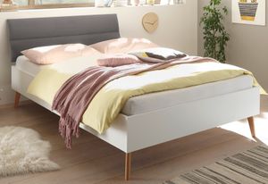 Bett "Helge" in weiß und Eiche Riviera Einzelbett skandinavisch mit Polsterkopfteil in grau Liegefläche 140 x 200 cm