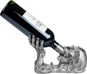 BRUBAKER Weinflaschenhalter Totenkopf - Flaschenhalter Trinkender Schädel mit Skelett Hand Silber - Flaschenständer Deko Figur Handbemalt Weinzubehör - Lustige Dekoration - Wein Geschenk
