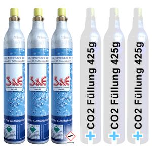 3 x CO2 Reserve-Zylinder für 425g | 60l Sprudel-Wasser - Kohlensäure Nachfüll-Flasche kompatibel mit Soda Wasser-Sprudler