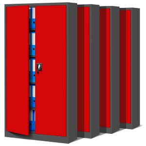4x Kancelárska skriňa C001 Kartotéka Úložná skriňa Viacúčelová skriňa Kovová skriňa 4 police Práškové lakovanie 185 x 90 x 40 cm antracitovo-červená