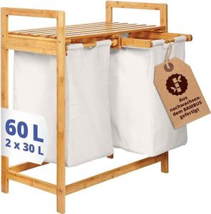 Lumaland Wäschekorb Bambus 2 ausziehbare Wäschesäcke Wäschesammler Ablage praktisch Stoffsäcke Bambusholz 73 cm Höhe x 64 cm Breite x 33 cm Tiefe
