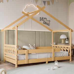 Dětská postel Merax 90x200 cm s ochranou proti vypadnutí a lamelovým roštem, dětská postel pro dívky a chlapce, chlapecká postel, dětská postel, dětské postele z masivního borovicového dřeva, přírodní barva