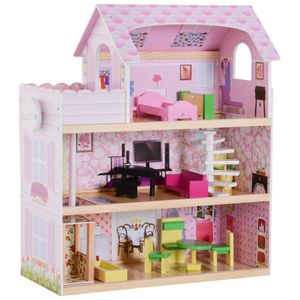 HOMCOM Puppenhaus Holz Kinder Puppenhaus Puppenvilla mit Möbeln und Zubehör Barbie Traumvilla Puppenstube Dollhouse 3 Etagen L60 x B30 x H71,5 cm