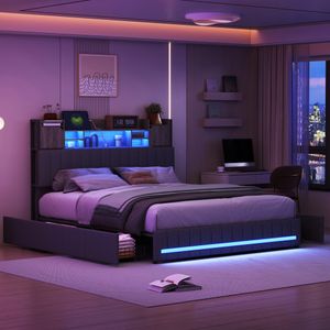 CDGlobal Polsterbett 140x200cm mit USB, Typ-C und LED, Stauraumbett Jugendbett mit 4 Schubladen, Doppelbett mit Lattenrost, Funktionsbett, Leinen, Grau