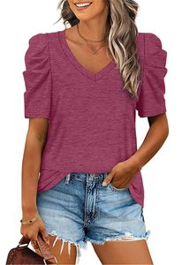 ASKSA Damen T-Shirt Sommer V-Ausschnitt Bluse Lässige Tunika Tops Puffärmel Shirts Einfarbig Oberteil , Rot, L