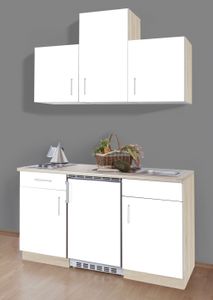 Singleküche Sonea 150 cm weiß matt mit Edelstahl Kochmulde und Unterbau Kühlschrank und Spüle
