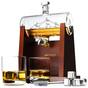 Whisiskey - Whisky Karaffe - Dekanter - Segelschiff - Whiskey Set - 1000ML - Geschenke für Männer - Inkl. 4 Whisky Steine, Ausgießer, Zapfhahn & 2 Whisky Gläser  – Whiskygläser