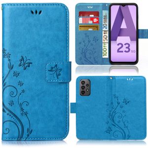 Handy Tasche für Samsung Galaxy A23 / A23 5G Bookstyle Flower Handy Hülle Schutzhülle mit Kartenfächer und Standfunktion in Blau