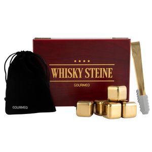 GOURMEO 6 Whiskey Steine Edelstahl in Gold incl. Holz Geschenkbox - Wiederverwendbare Whisky Steine im Set als Alternative zu klassischen Eiswürfel