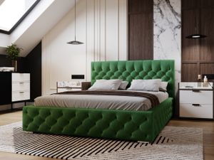 Posteľ GRAINGOLD Glamour Chesterfield 200x200 cm Velutto - zamatová posteľ s roštom a posteľnou skriňou - zelená (Magic velvet 2225)