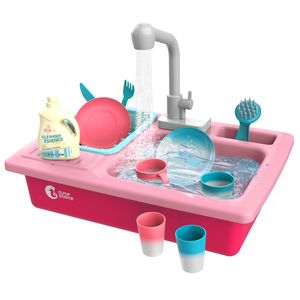 CUTE STONE Küchenspielzeug Küchenspüle Spielzeug Set mit Warmwasserhahn Farbwechsel Geschirr, Wasser-Recycling Spielküche Waschbecken für Kinder ab 3 Jahre (Rosa)