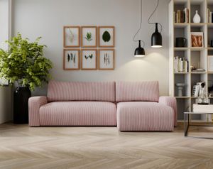 Kaiser Möbel Ecksofa mit schlaffunktion und bettkasten, Couch L form, Schlaffunktion ARAGON Dicker Cord Rosa Ottomane Rechts