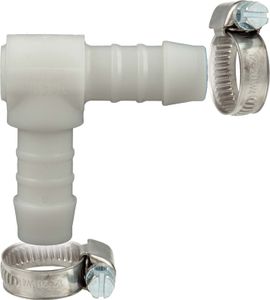 tecuro Schlauchverbinder 90° Winkel Ø 10 mm, mit Edelstahlschlauchschellen - Nylon weiß