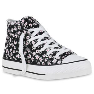 VAN HILL Damen Sneaker High Schnürer Bequeme Blumen Prints Stoff-Schuhe 841222, Farbe: Schwarz, Größe: 37