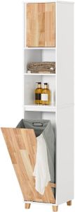 SoBuy Badezimmerschrank mit kippbarem Wäschekorb - Säulenschrank für das Badezimmer - Stehender Schrank mit Wäschekörben