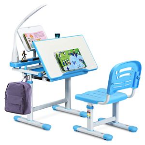COSTWAY Dětský psací stůl s nastavitelnou výškou, školní psací stůl s lampičkou a nastavitelným sklonem zásuvky, dětský psací stůl se židlí Modrý